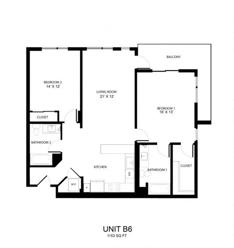 Floor plan for 2 beds, 2 baths, 1153 sqft